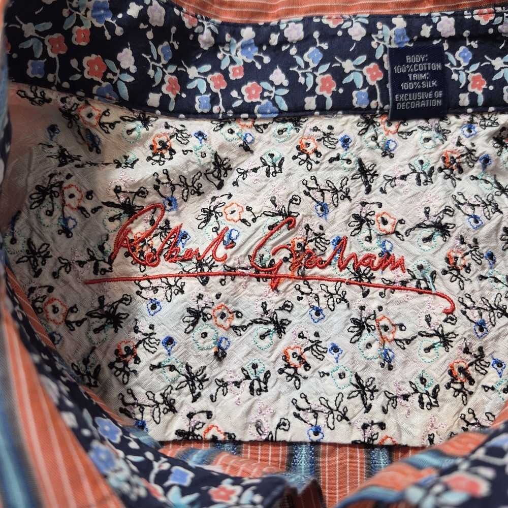 Robert Graham Shirt Orange Blue Floral Contrast Long Sleeve Buttoned Size L - Picture 5 of 10